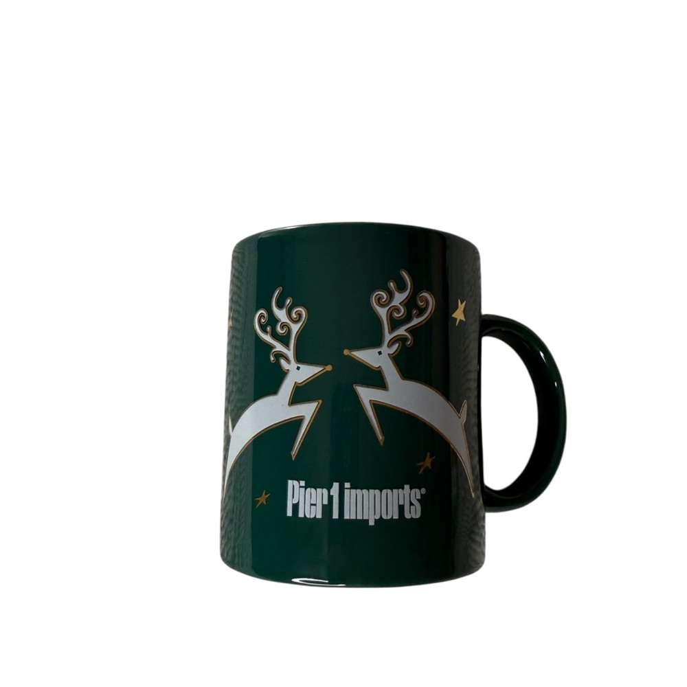 Pier 1 Imports Christmas Reindeer Coffee Mug Green Gold Holiday Ceramic 4in